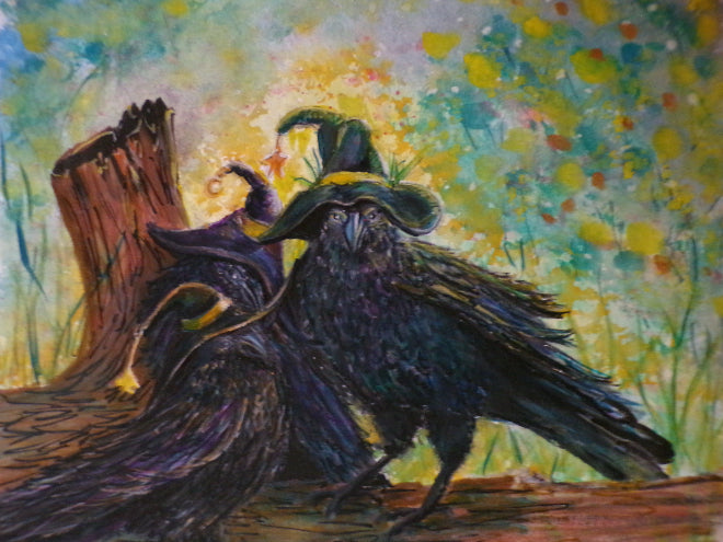 Crows and Hats on Canvas